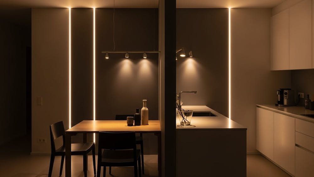 Lighting Built into the Dining Room and Kitchen Partition