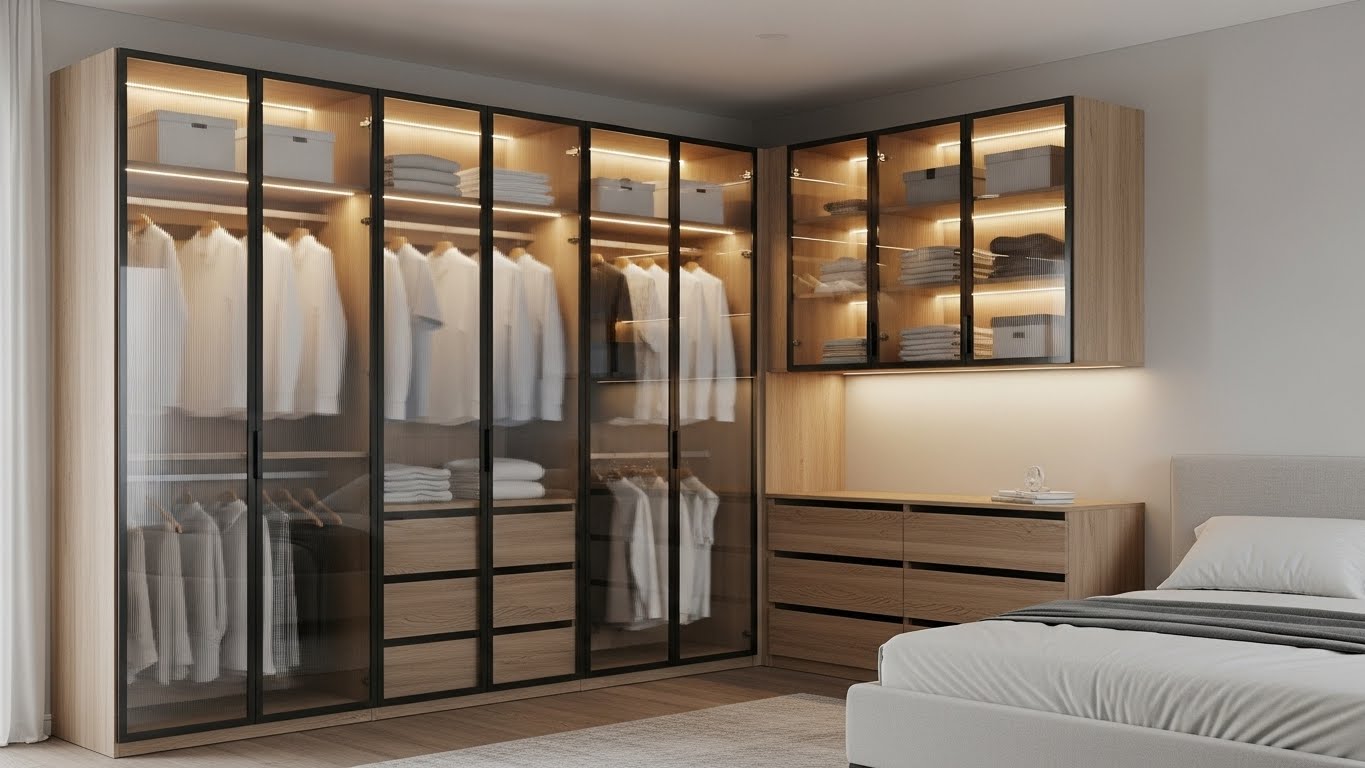 Glass-Front L Shape Cupboard Design for the bedroom