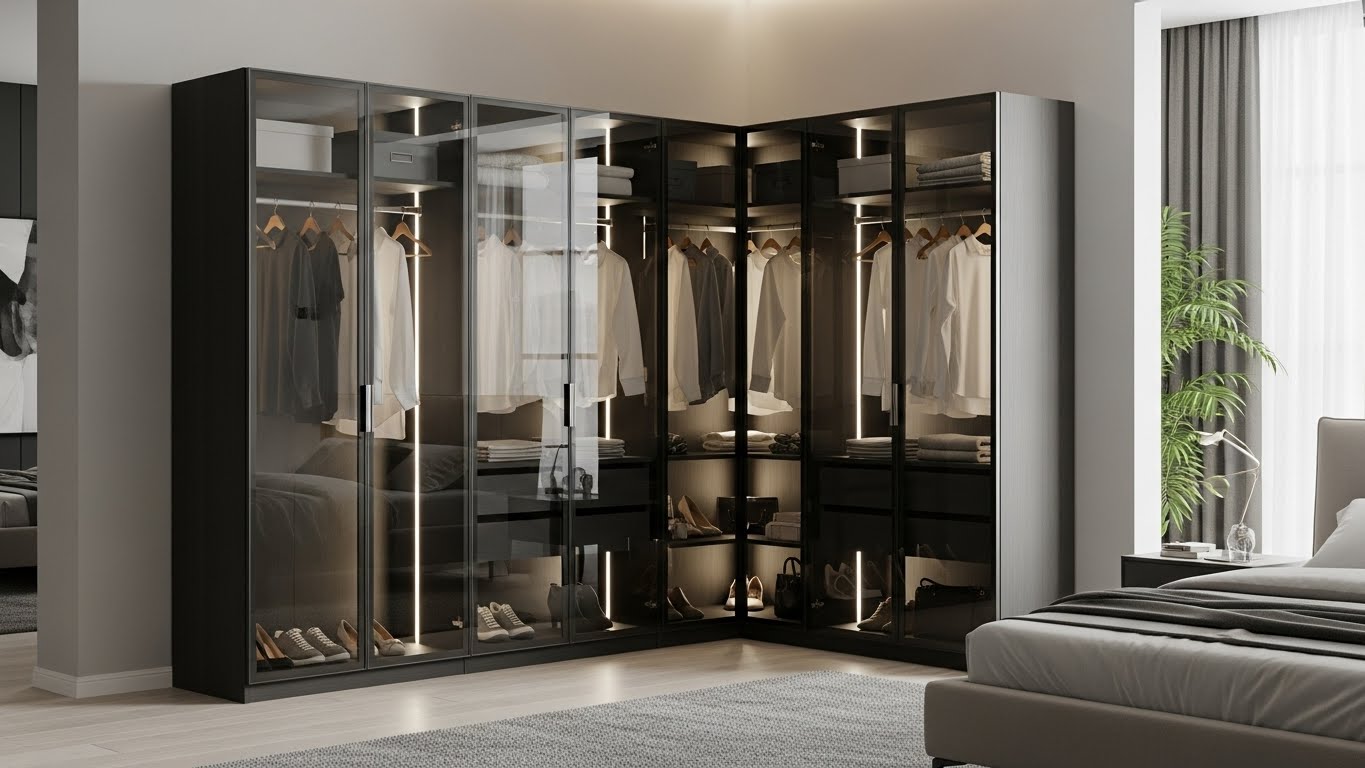 Glass-Front L Shape Cupboard Design for the bedroom