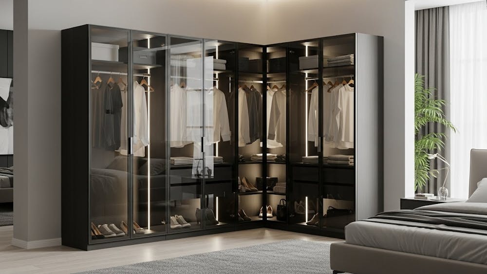 Glass-Front L Shape Cupboard Design for the bedroom
