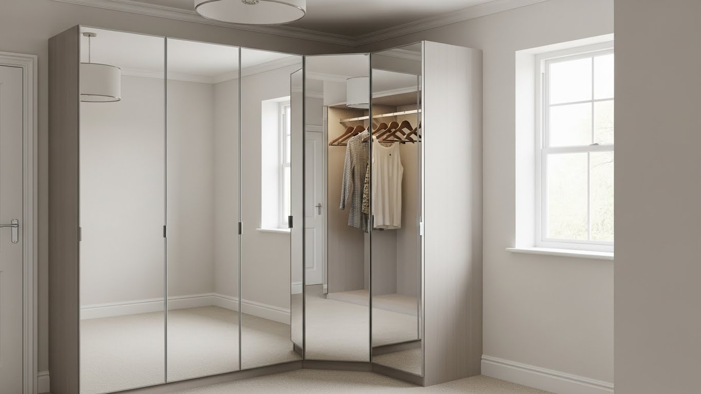 L Shaped Wardrobe with Seamless Mirror Shutters