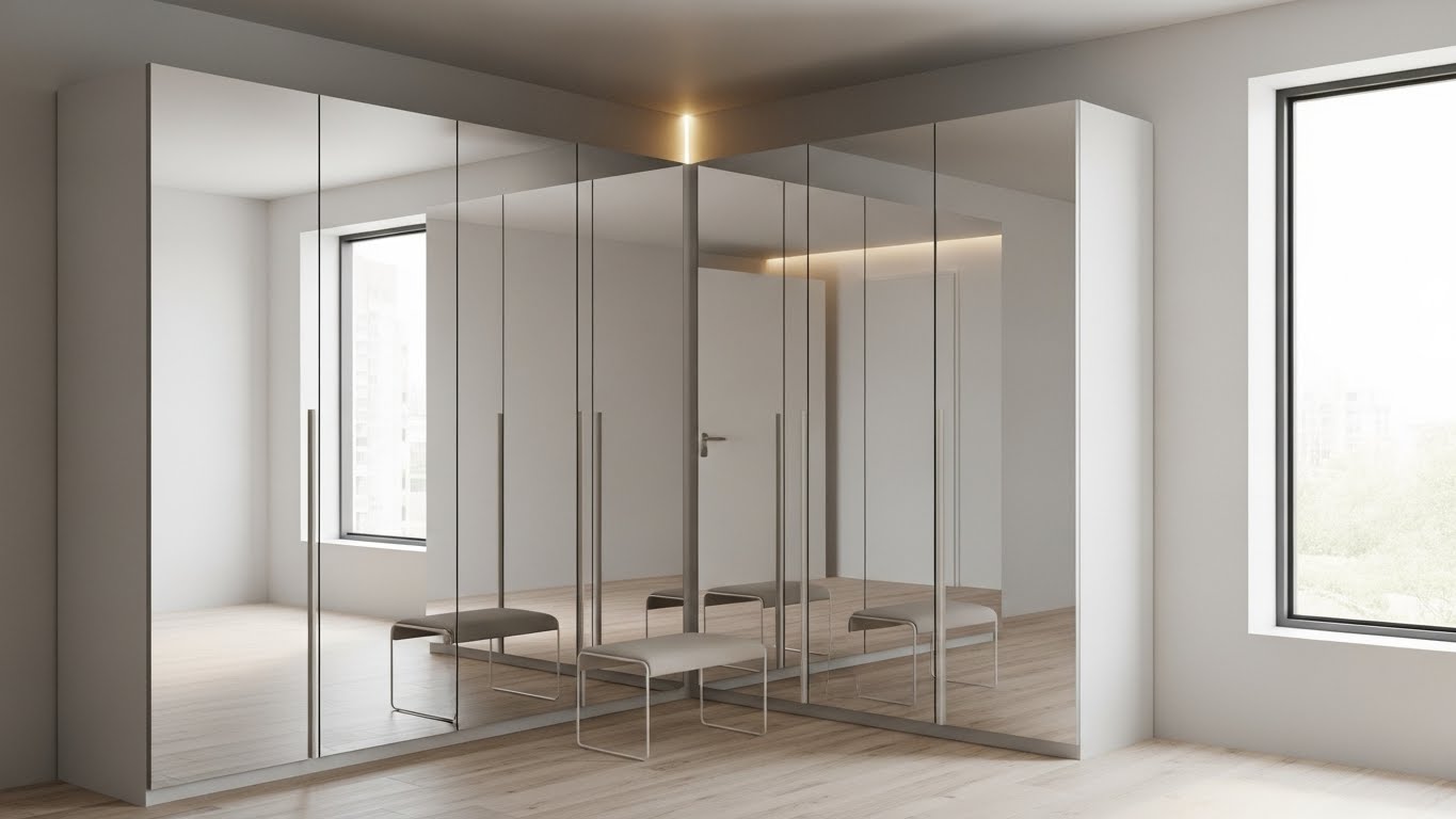 L Shaped Wardrobe with Seamless Mirror Shutters