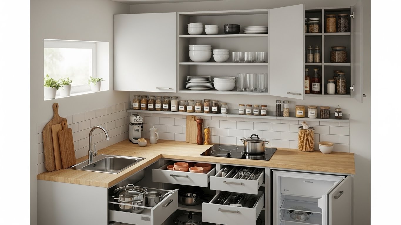 Very Small Modular Kitchen Design with Tiered Storage
