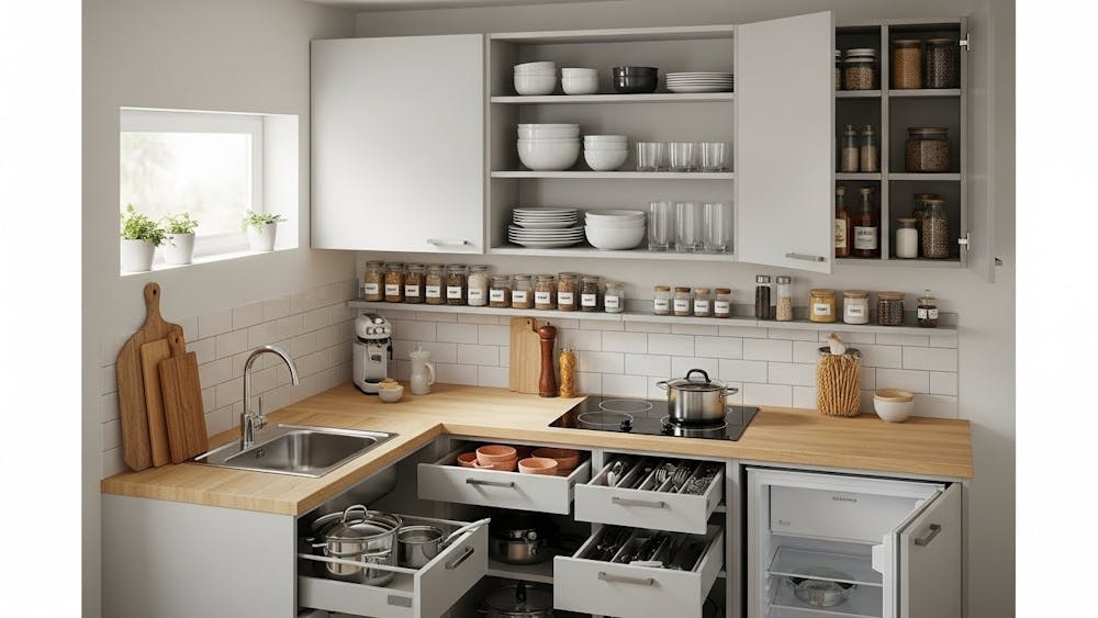 Very Small Modular Kitchen Design with Tiered Storage