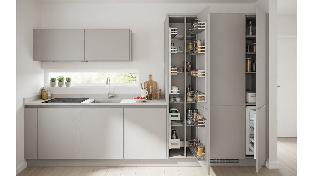 Small Kitchen Modular Cabinet Design with Tall Larder