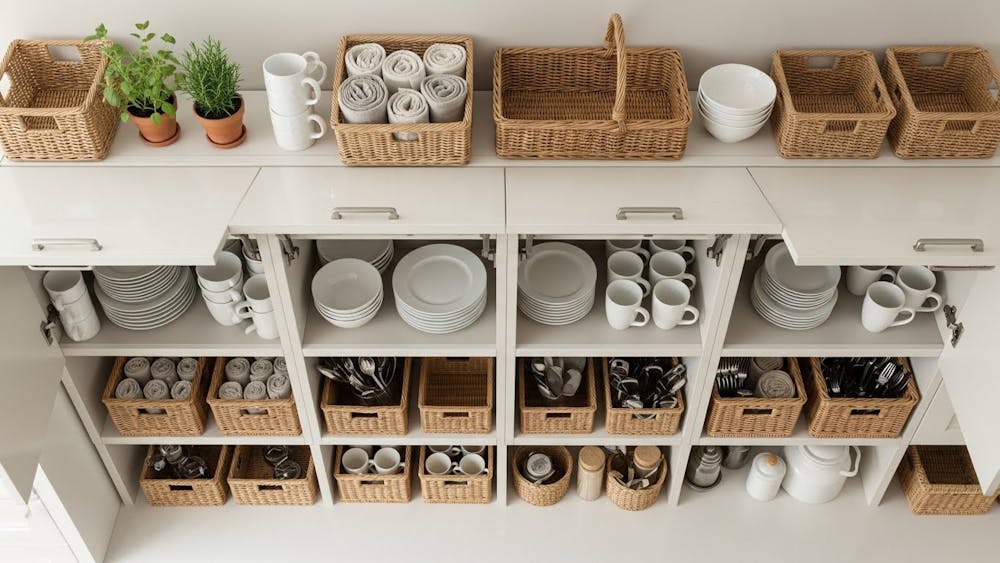 Overhead Cabinets, Crockery & Wicker Baskets