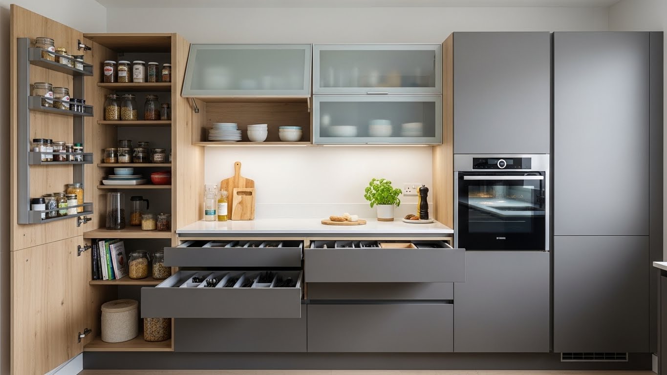 Inside View of Modular Kitchen Cabinets 