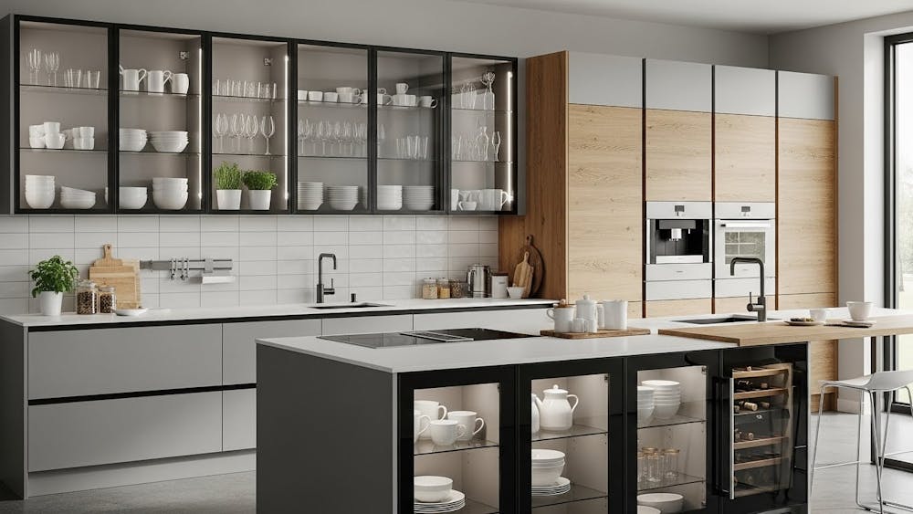 Modular Kitchen Cabinet Designs with Glass Doors