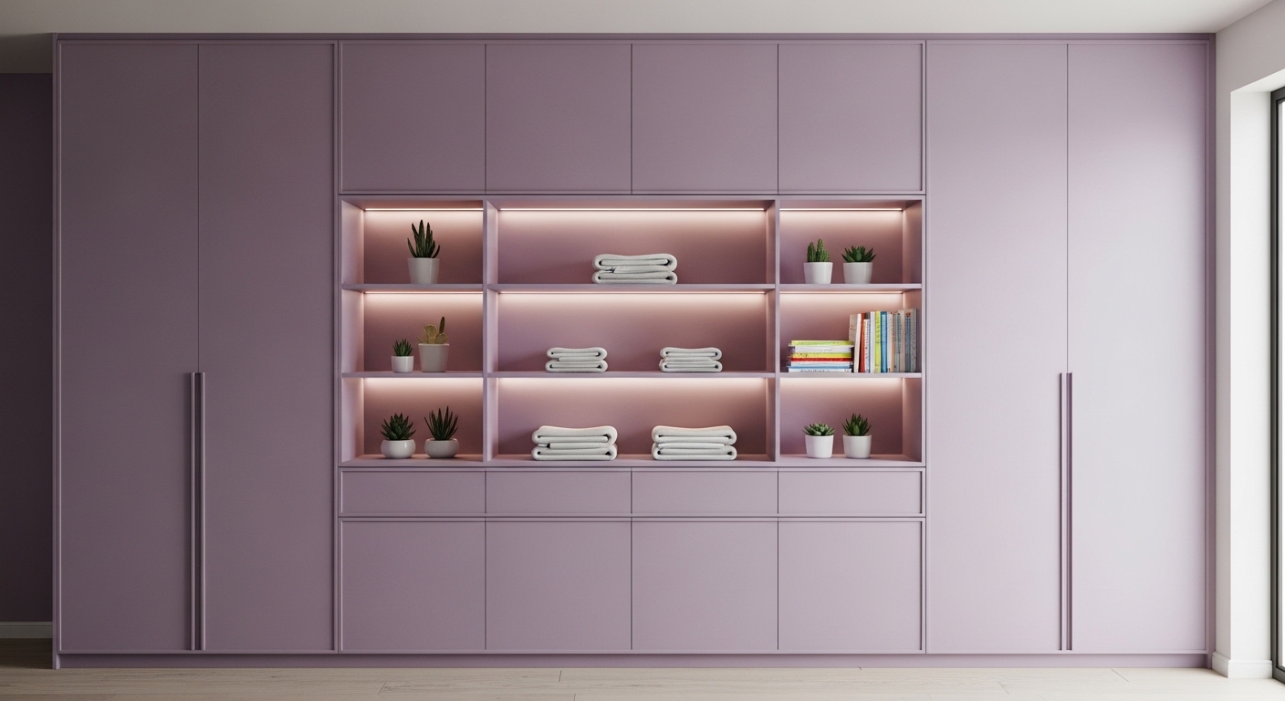Full Wall Lavender Wardrobe With Open Shelving