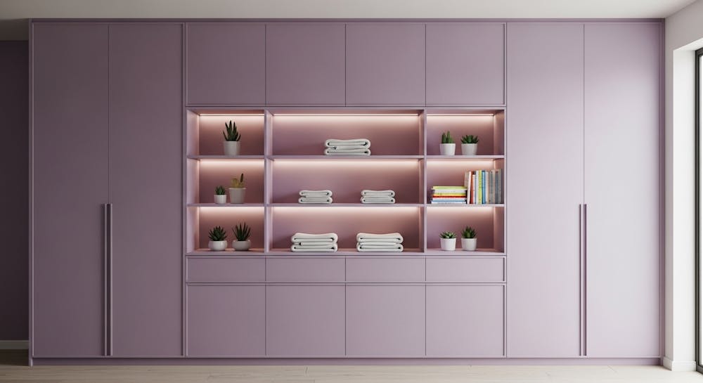 Full Wall Lavender Wardrobe With Open Shelving