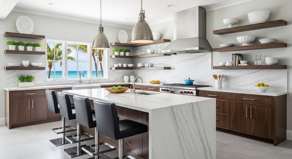 Luxury Island Kitchen with Built-In Bar and Open Shelving