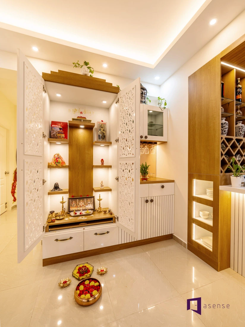 Pooja Unit Integrated with Cabinetry