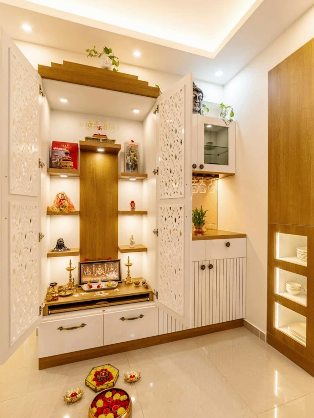 Pooja Unit Integrated with Cabinetry