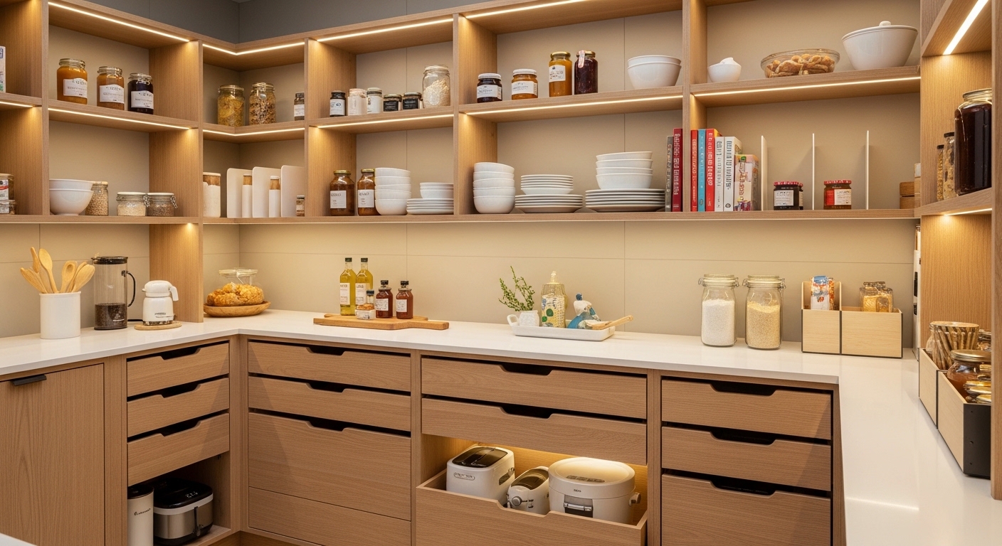 Drawers And Shelves pantry Design With Integrated Lighting