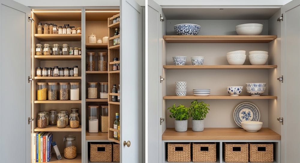 Hinged Pantry Design With Open And Close Shelving