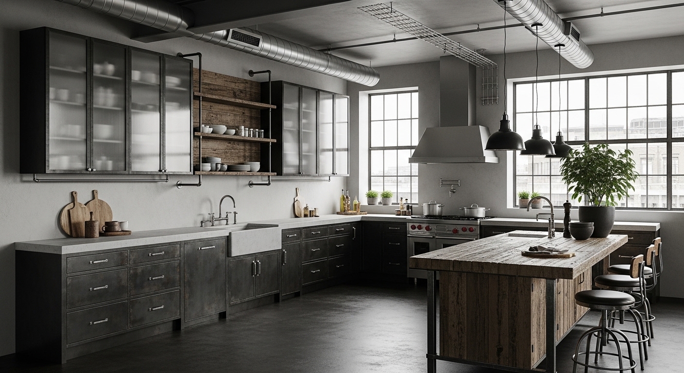 An Industrial L-Shaped Kitchen With Glass Cabinets