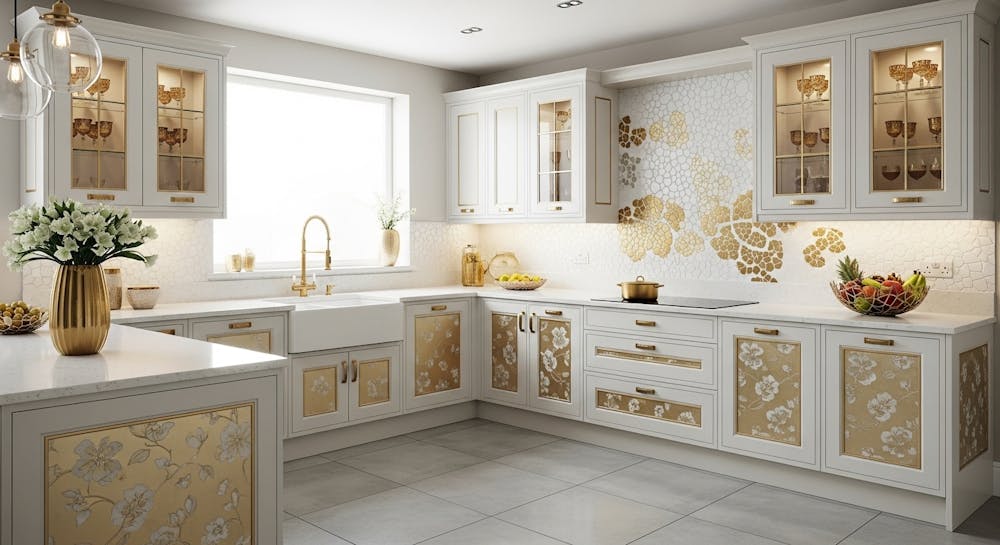 A Golden And White Floral L-Shaped Modular Kitchen