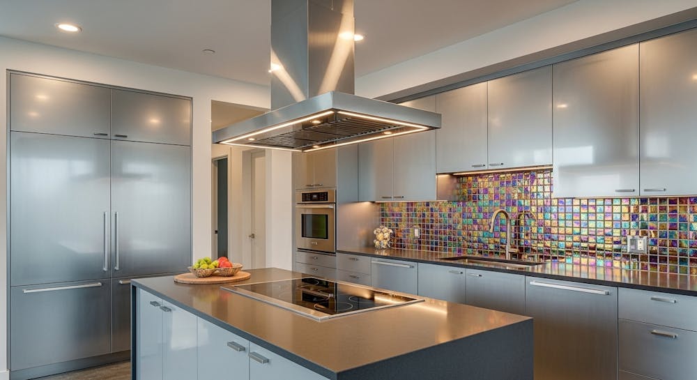 Metallic Finish Modern Kitchen With Flashy Kitchen Backsplash