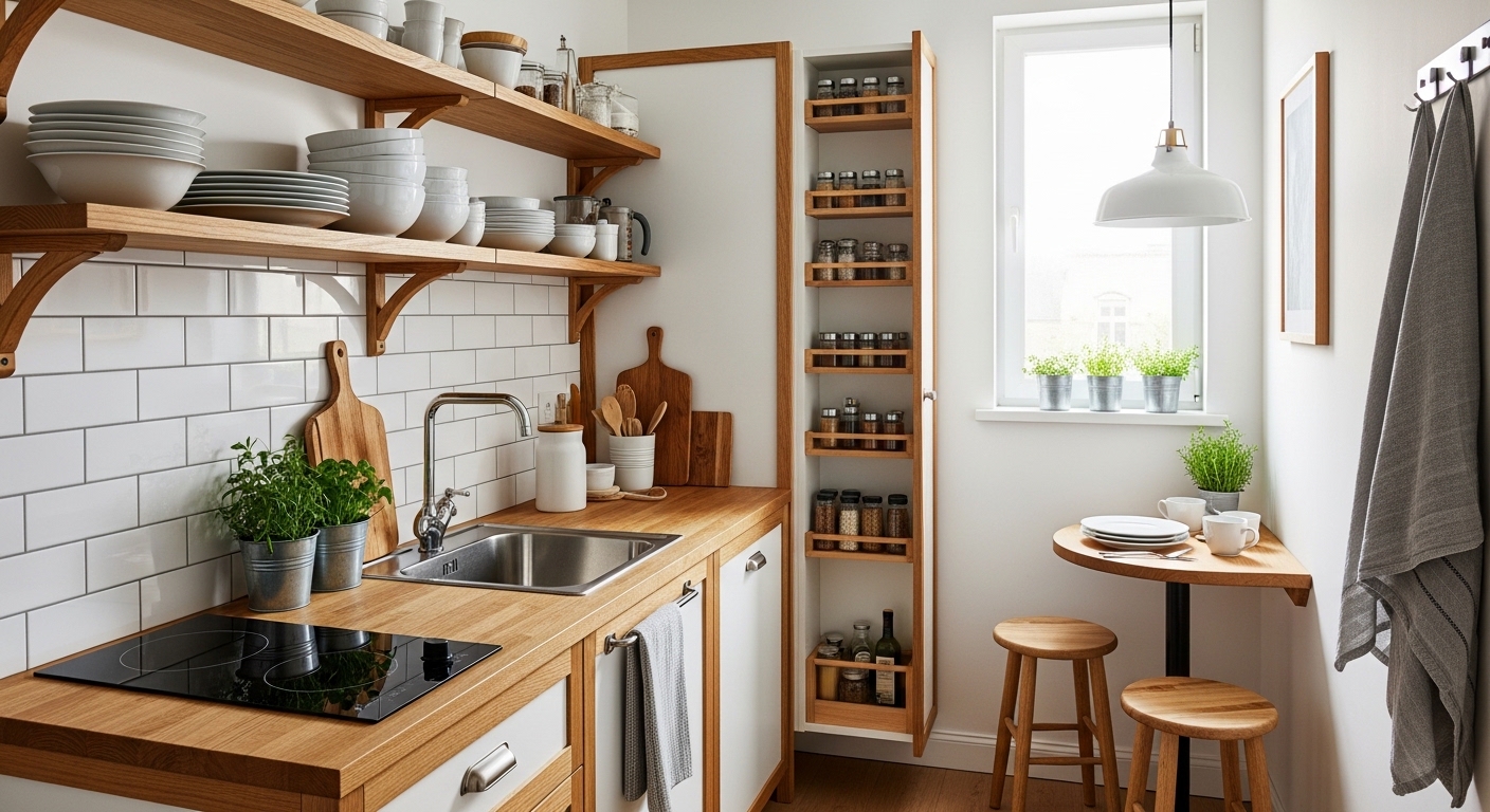 Royal Small Space Kitchen With Wooden Frames 