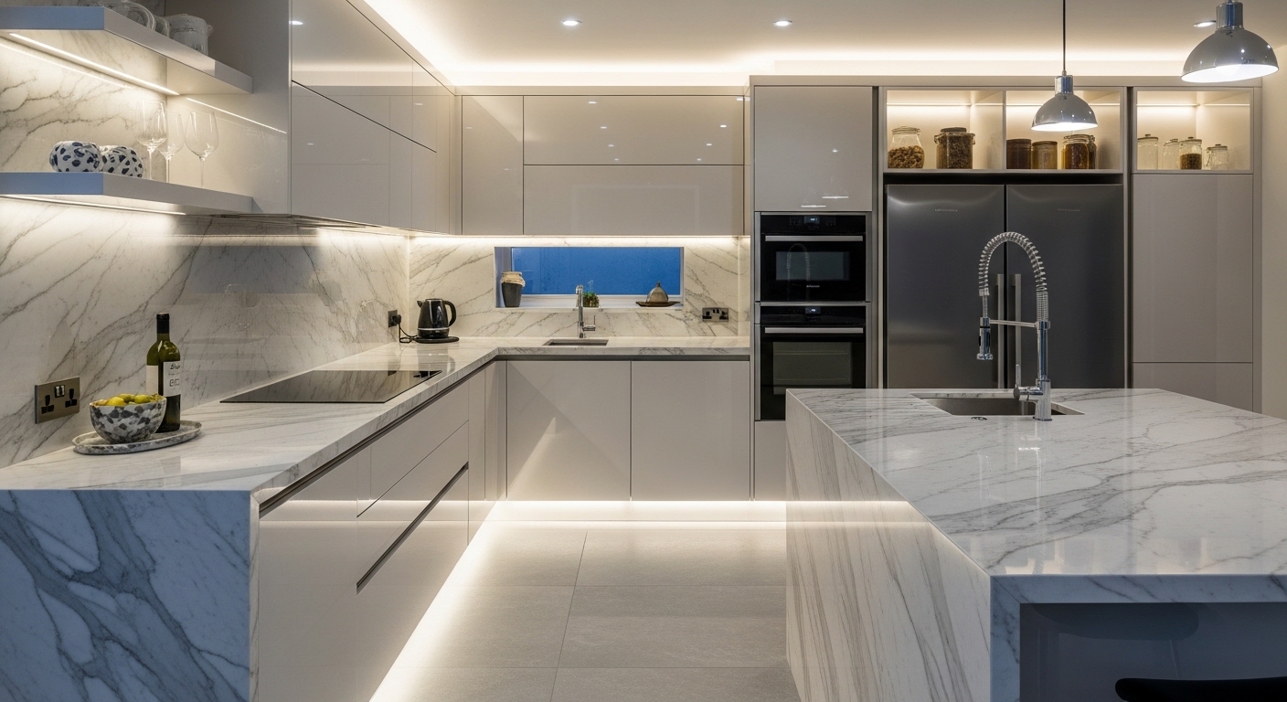 Marble Gloss Finish L-Shaped Kitchen With In-Built Lighting Solution
