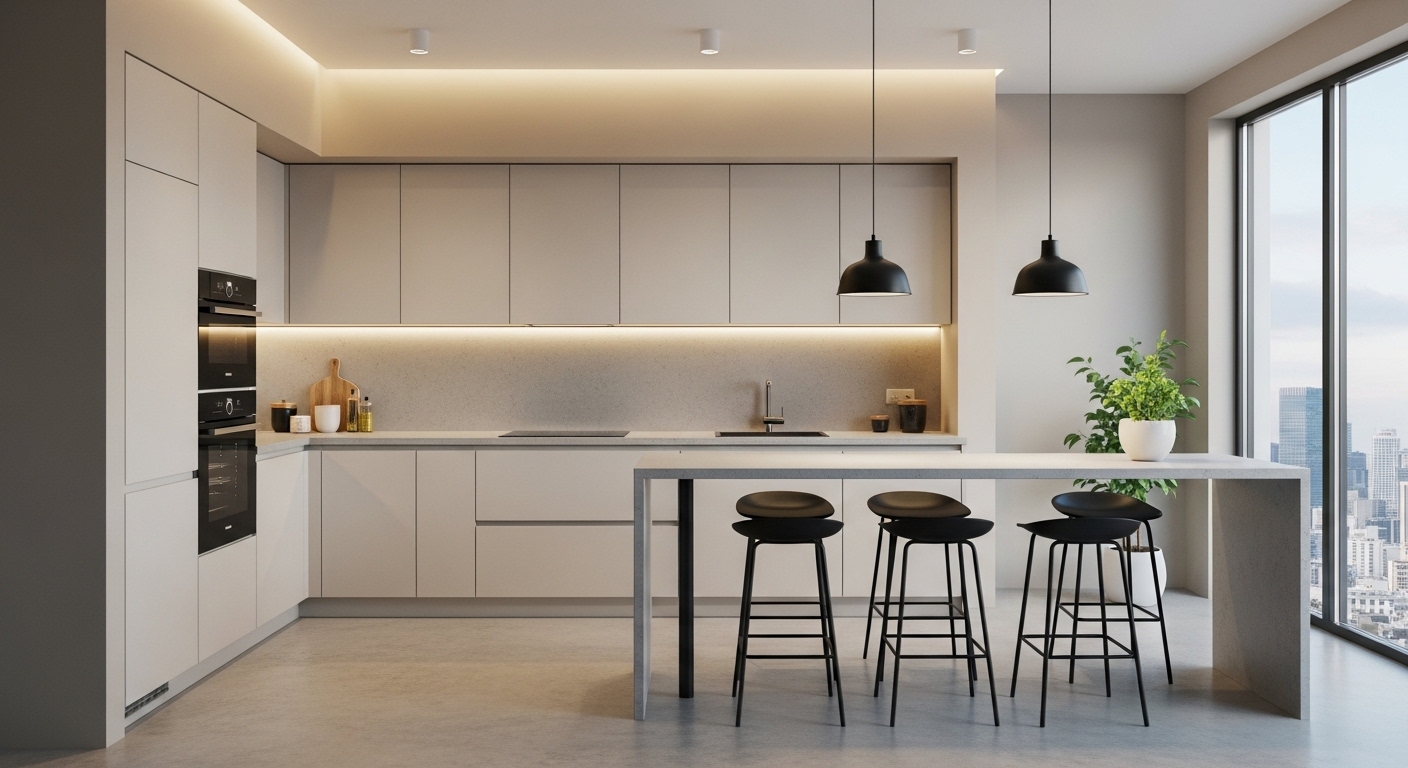 Minimalistic L-Shaped Kitchen With Open Dining Counter