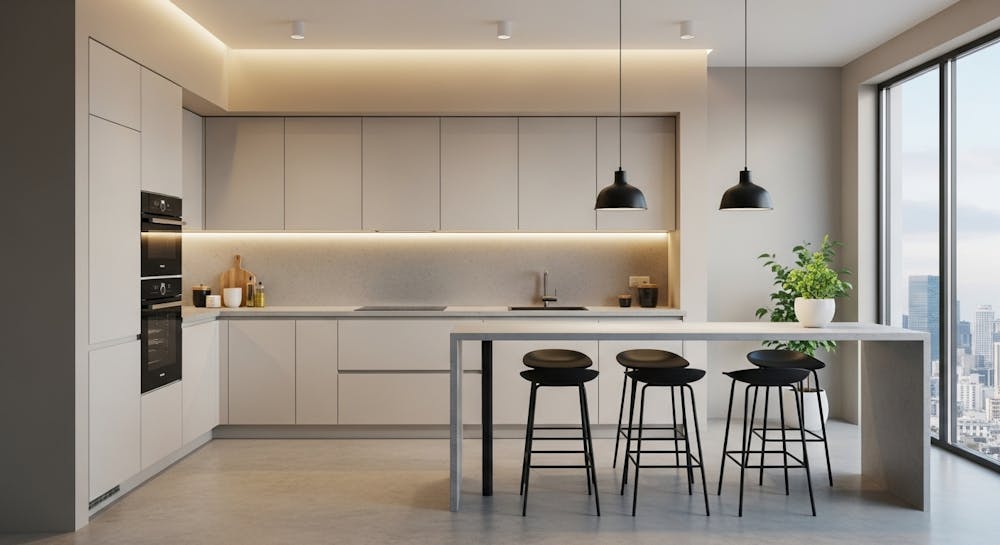 Minimalistic L-Shaped Kitchen With Open Dining Counter