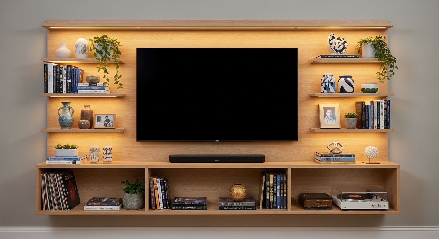 TV Panel with Open Shelves
