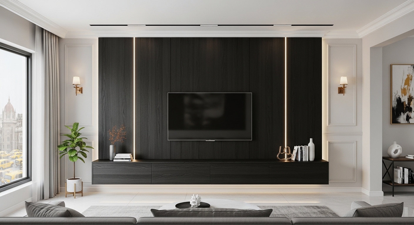 Black Panels And Hanging Cabinet TV Panel