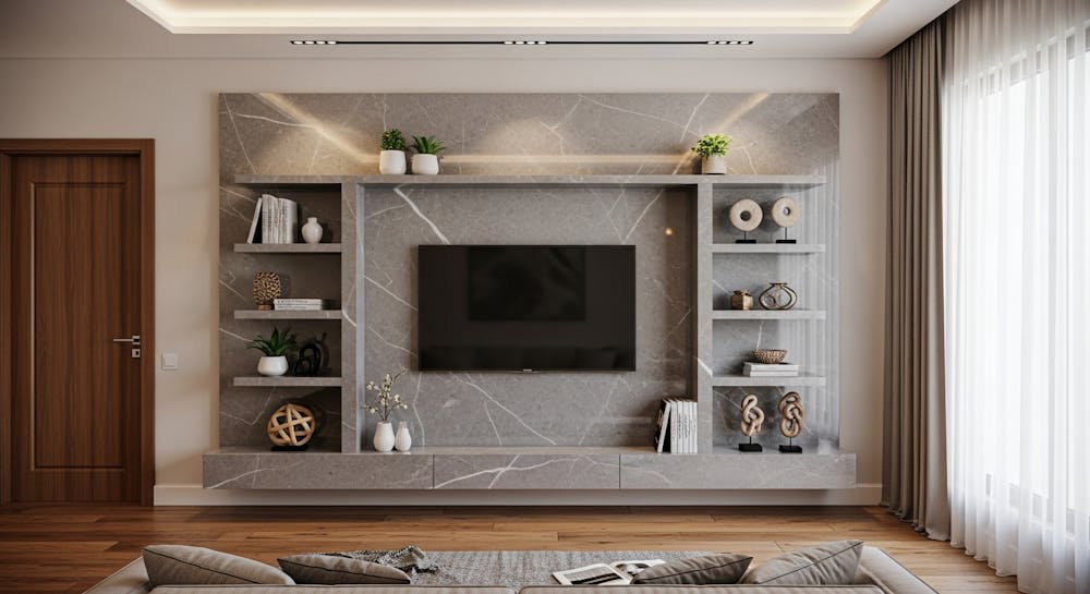 Grey Glossy Marble With Open Shelves TV Panel