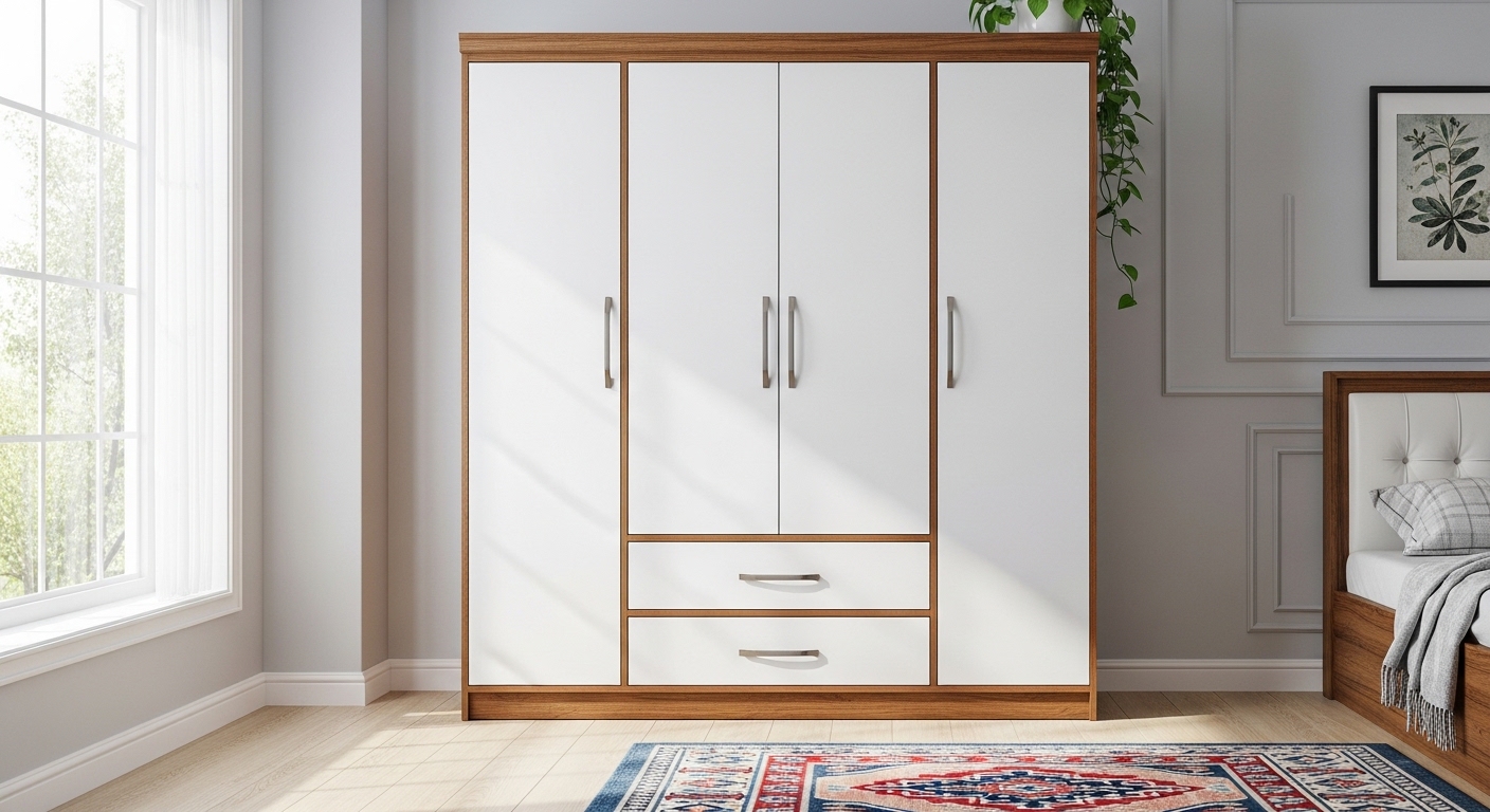 White With Wooden Brown Edges Wardrobe