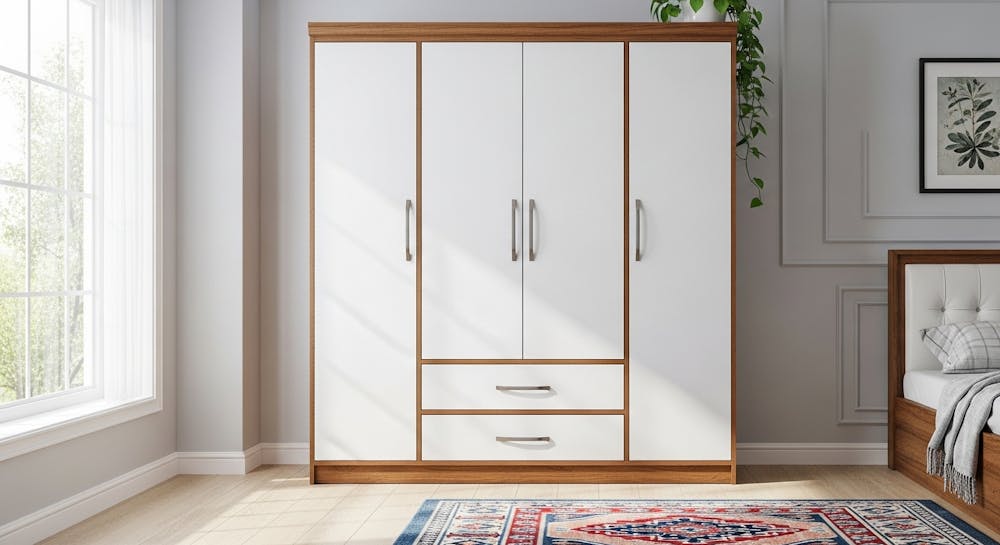 White With Wooden Brown Edges Wardrobe