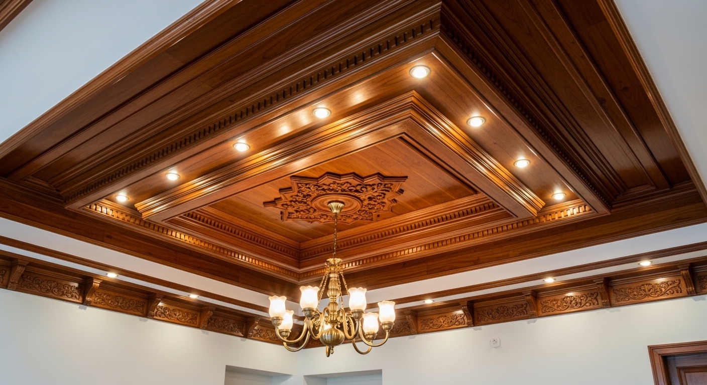 Dark Wooden Finish Traditional False Ceiling Design Ideas 