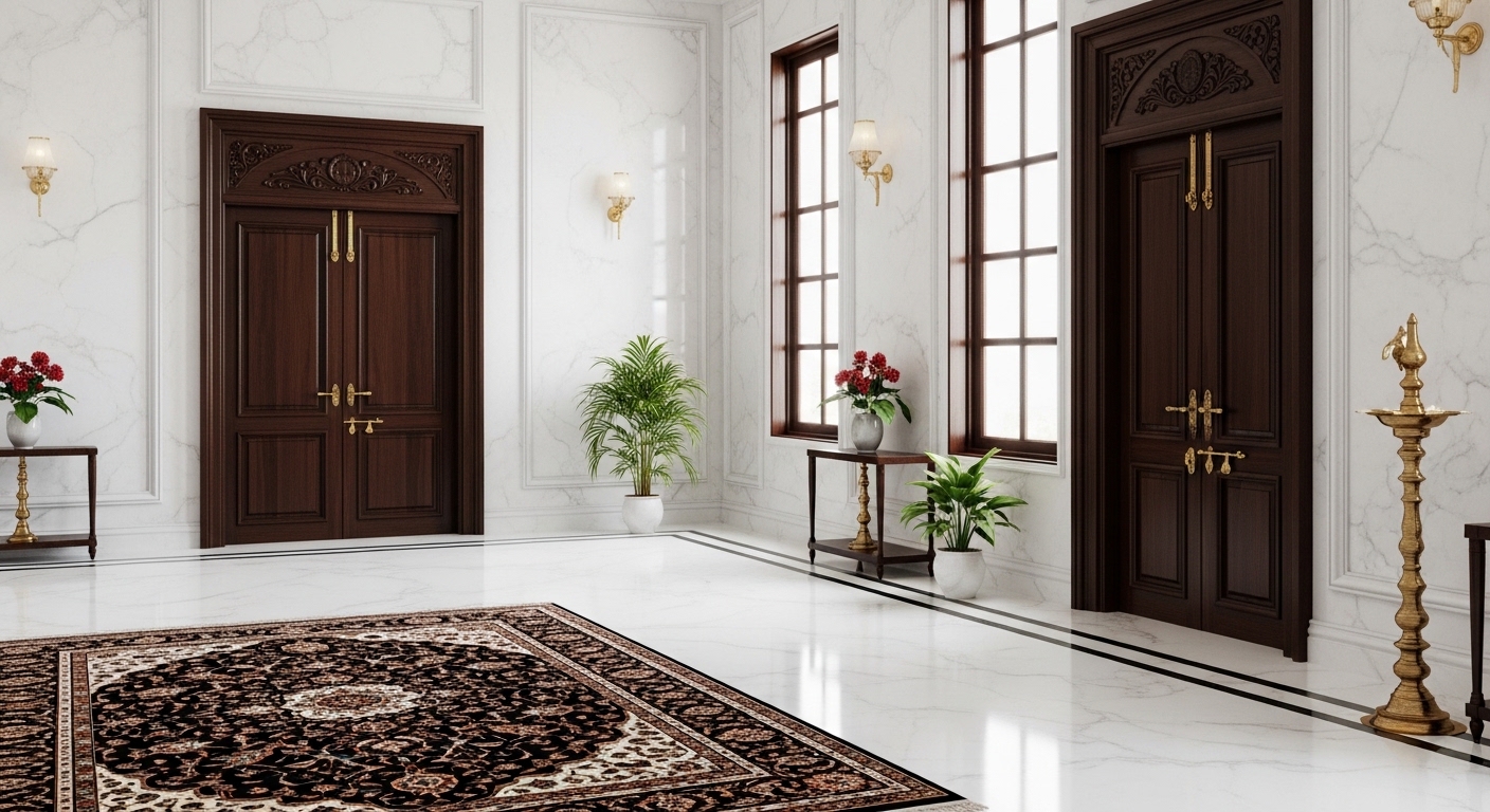 Enchanting White Marble Floor and Walls with Dark Wooden Doors