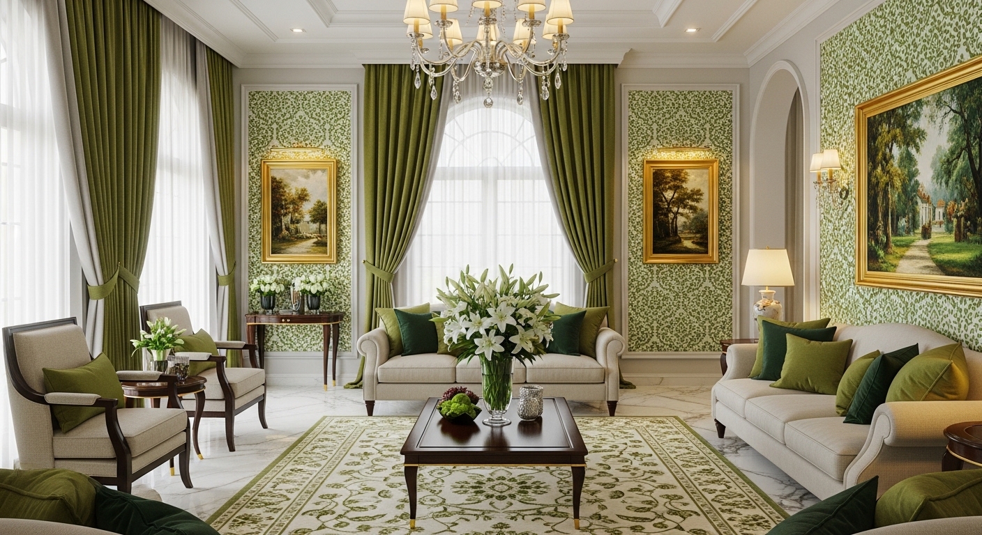 Exquisite Green and Ivory Interior Design