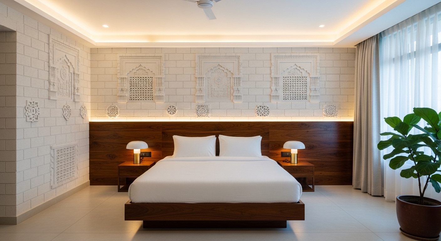  Intricate White Blocks and Dark Wooden Bedhead
