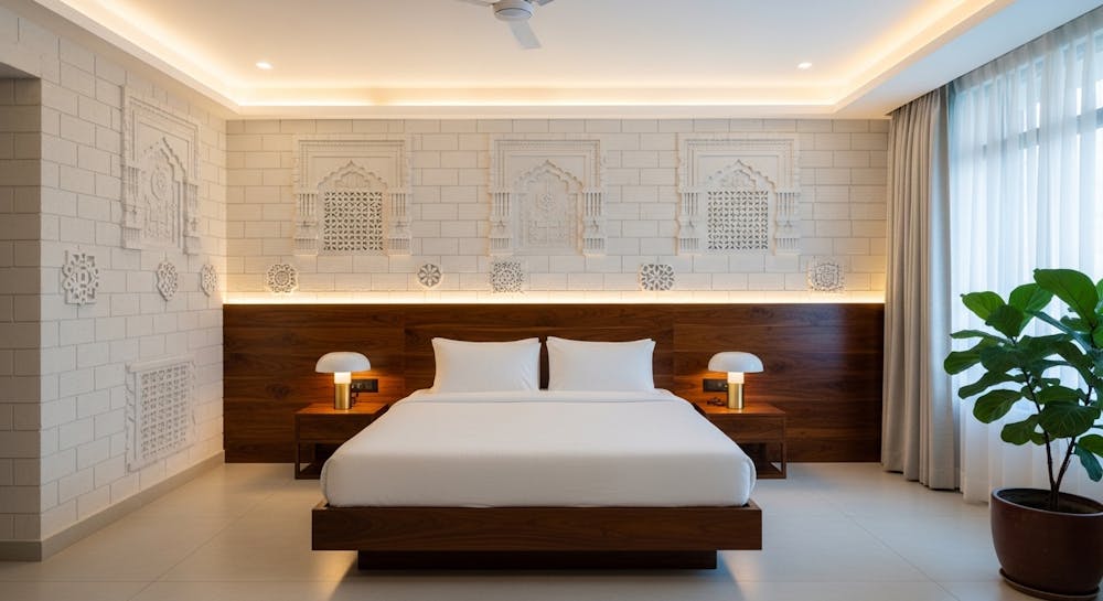 Intricate White Blocks and Dark Wooden Bedhead