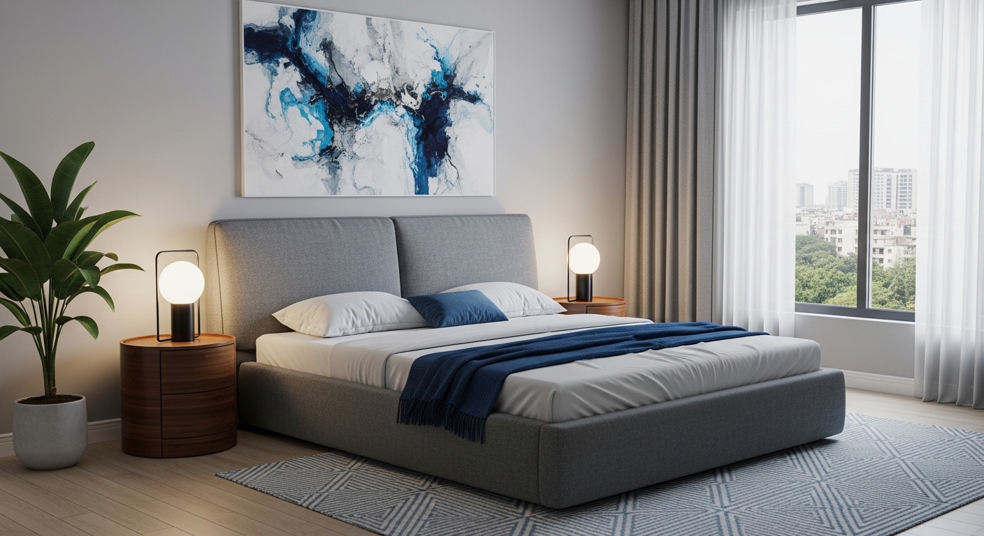 Oceanic Blue Platform Bed with Grey Bedhead