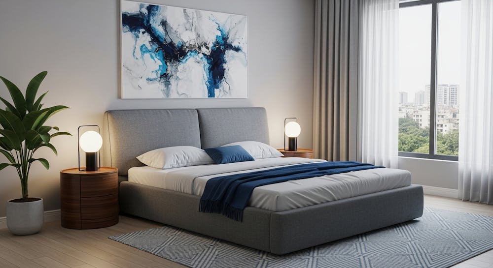 Oceanic Blue Platform Bed with Grey Bedhead