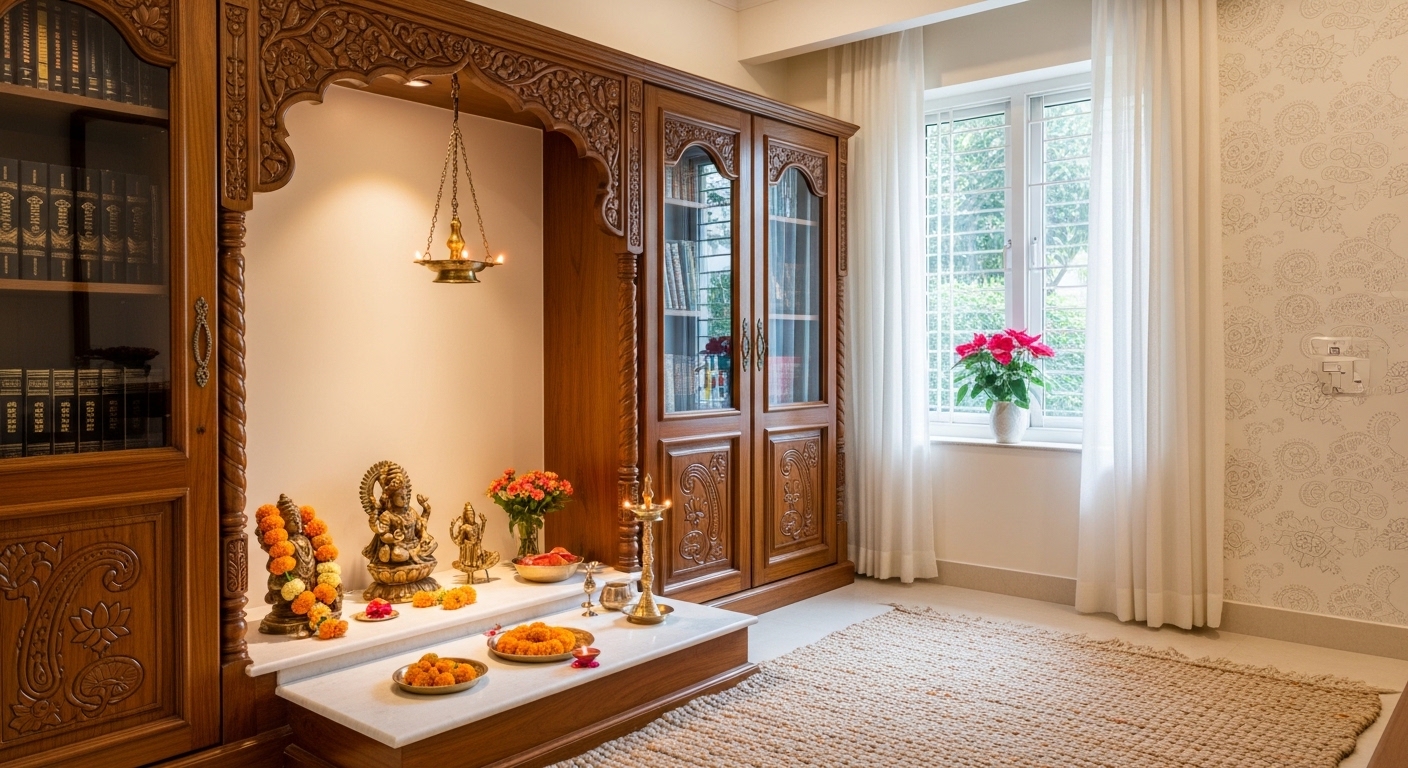 Peaceful Puja Area with Large Wooden Cabinets