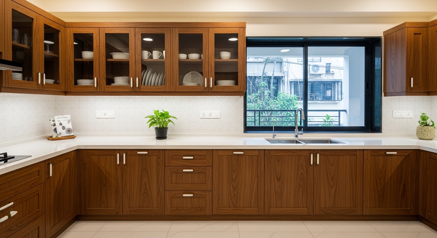 Elegant Wooden Cabinets with White Tiled Backsplash in the Kitchen