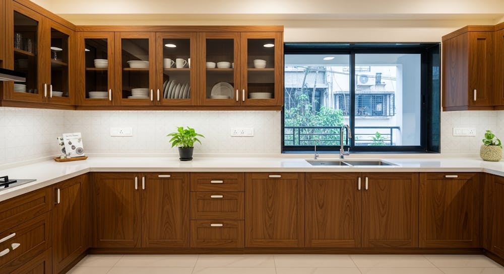 Elegant Wooden Cabinets with White Tiled Backsplash in the Kitchen
