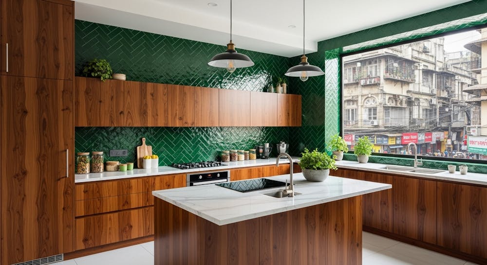 Eloquent Green Tiles with Spacious Wooden Cabinets