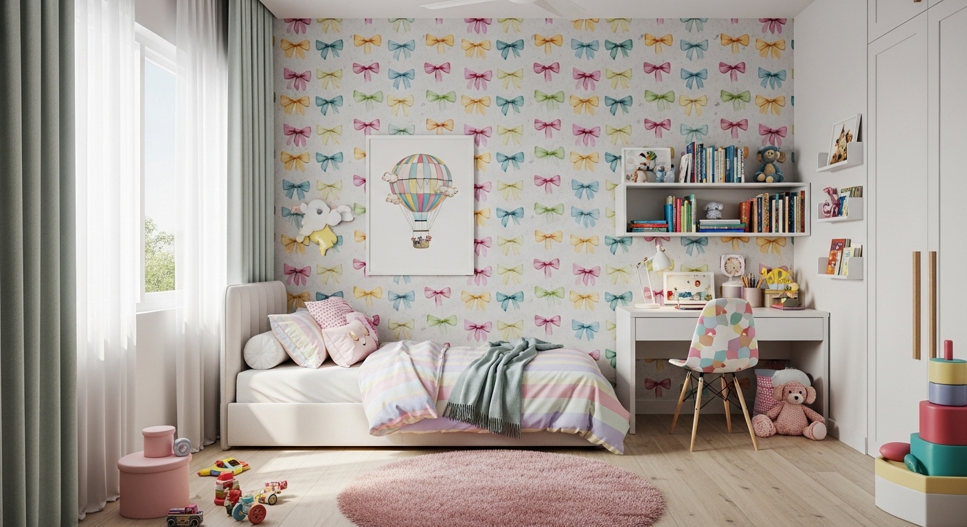 Colorful Kid's Bedroom with Bow-Print Wallpaper