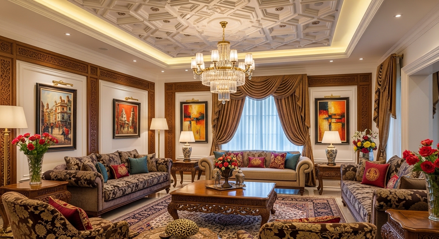 Grand Living Room Interior with Fancy False Ceiling