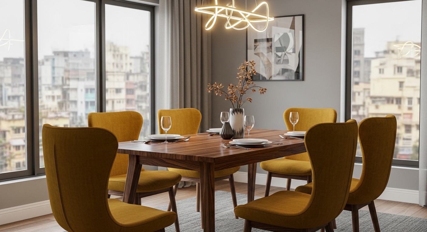 Modern Dark Yellow Chairs and Wooden Textured Table