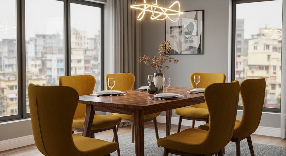 Modern Dark Yellow Chairs and Wooden Textured Table