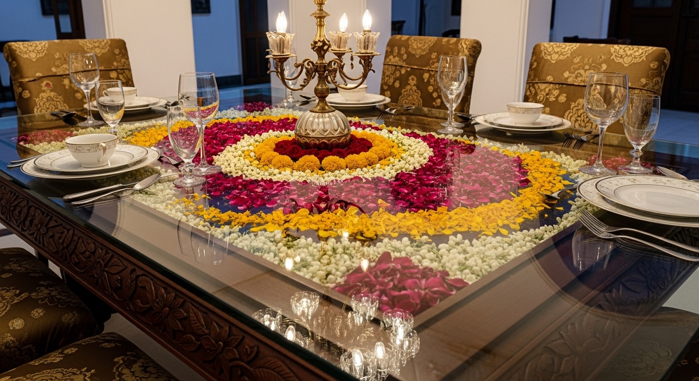 Eloquent Glass Table with Floral Petals