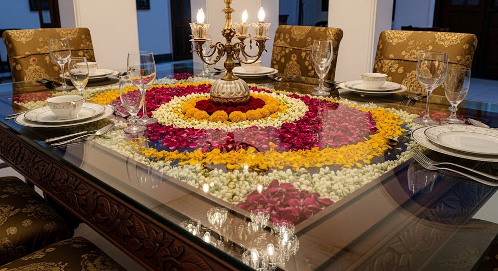 Eloquent Glass Table with Floral Petals