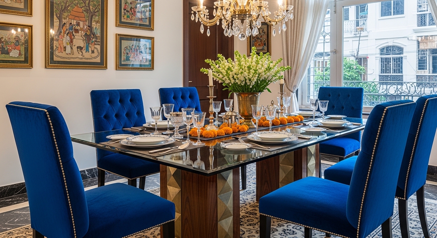 Royal Blue Cushioned Chair with Glass Dining Table
