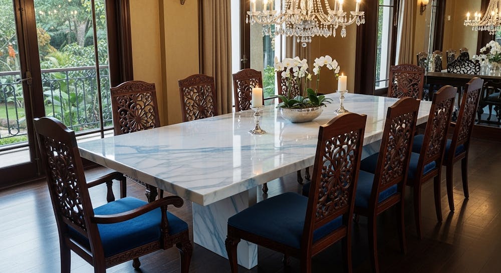 Frozen Marble Dining Table with Intricate Chairs